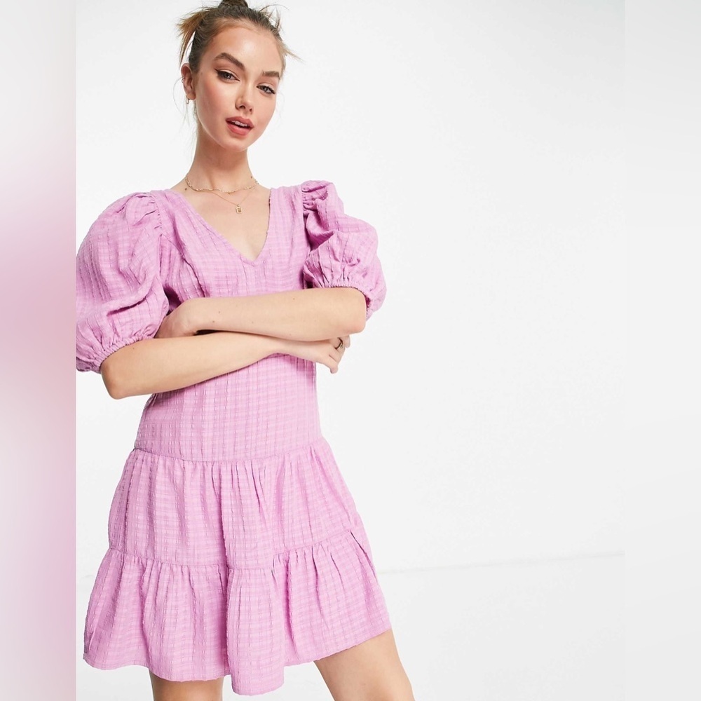 French Connection Birch gingham puff sleeve dress in lavender size 8